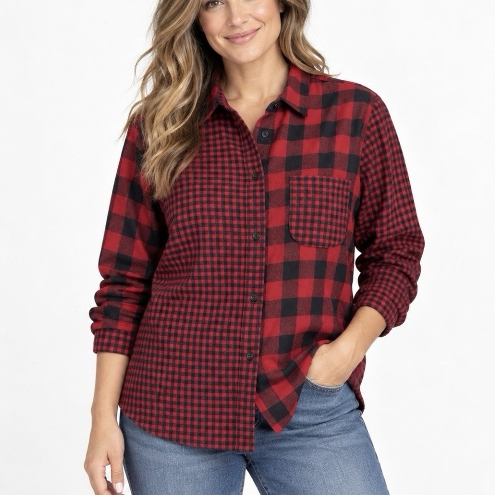LL Bean Red/Black Scotch Plaid Cotton Flannel Button Shirt Relaxed Fit LARGE